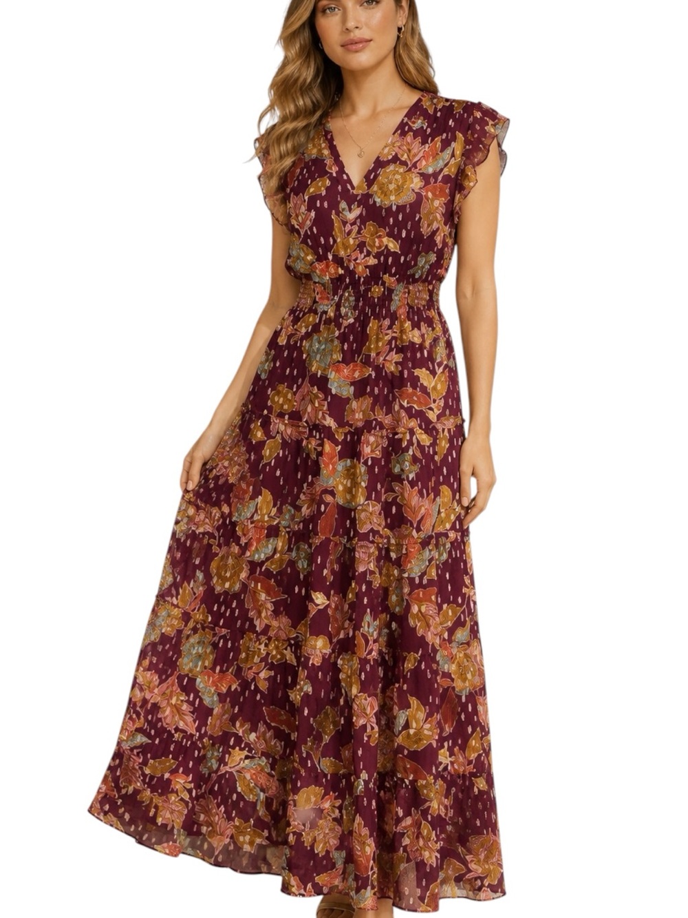 NWT VINCE CAMUTO Burgundy Floral Ruffle Cap Sleeve Smock Waist  Dress Size Large